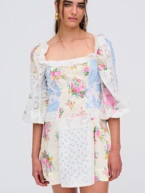 NWT For Love And Lemons Floral Patchwork Puff Sleeve Mini Dress